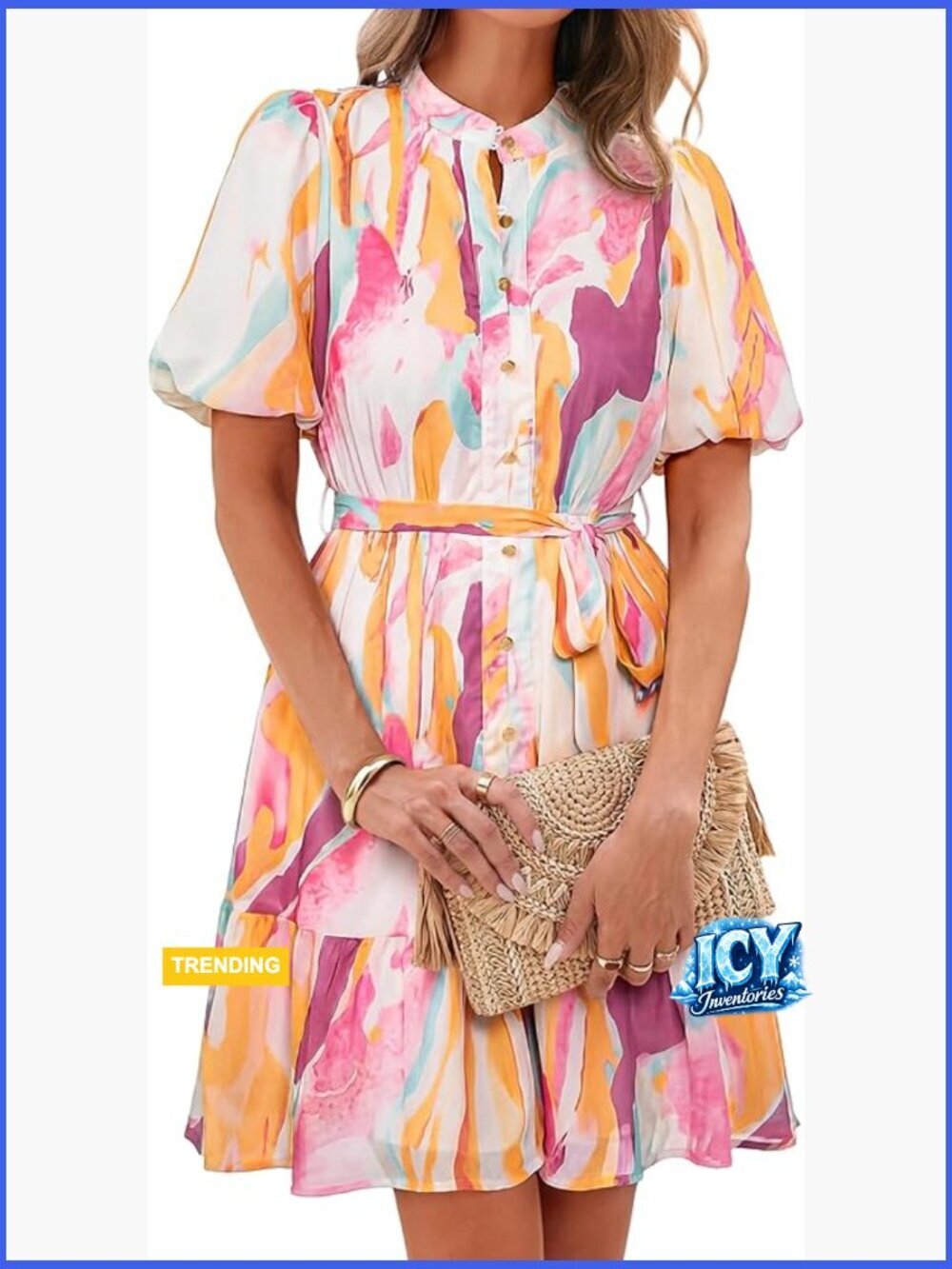 Floral Mini Dress with V-Neck Button Down A-Line Tiered Ruffle